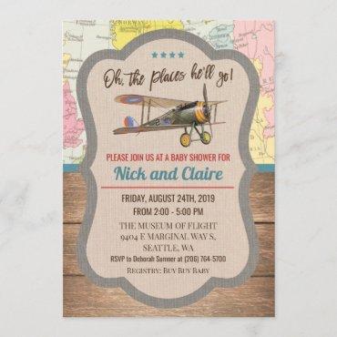Vintage Airplane Map Boy Baby Shower Invitation