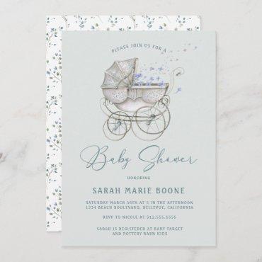 Vintage Baby Carriage Boy Baby Shower Invitation