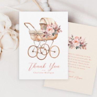Vintage Baby Carriage Pink Floral Baby Shower Thank You Card