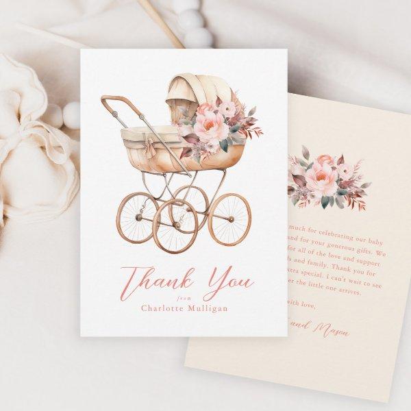 Vintage Baby Carriage Pink Floral Baby Shower Thank You Card