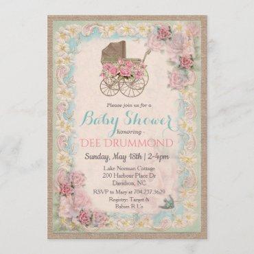 Vintage Baby Shower Carriage Floral