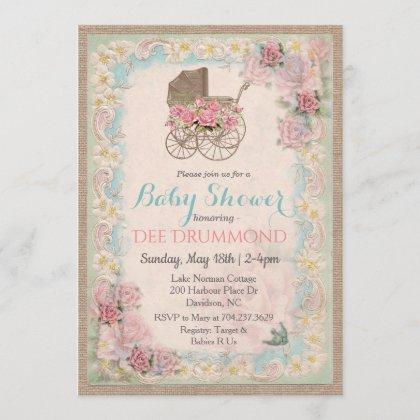Vintage Baby Shower Carriage Floral Invitation