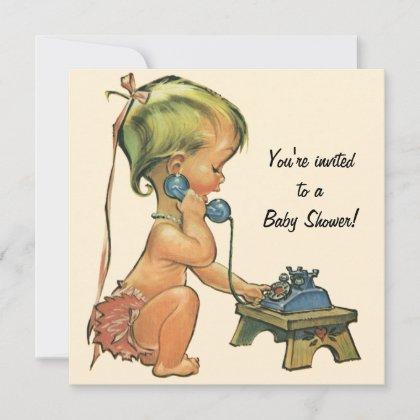 Vintage Baby Shower, Cute Girl Talking on Phone Invitation