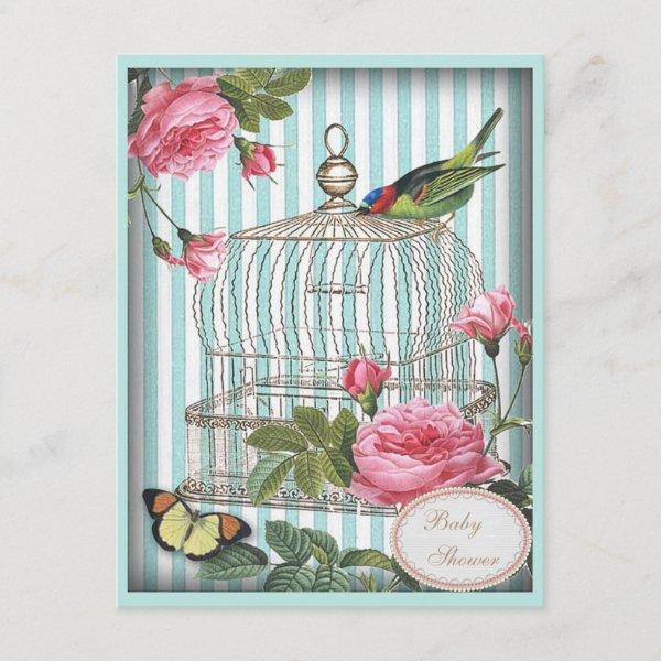 Vintage Bird, Cage, Butterfly & Roses