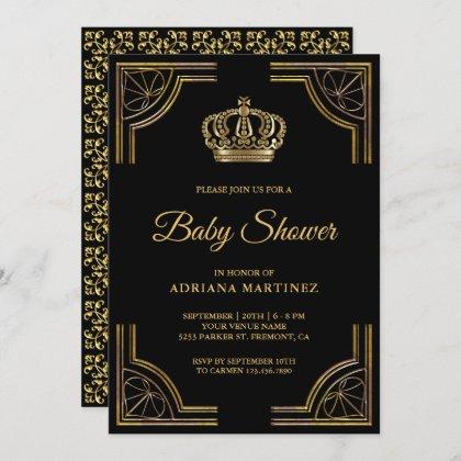 Vintage Black Gold Ornate Crown Baby Shower Invitation