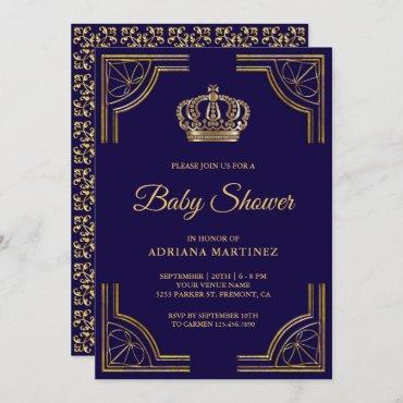Vintage Blue Gold Ornate Crown Baby Shower Invitation