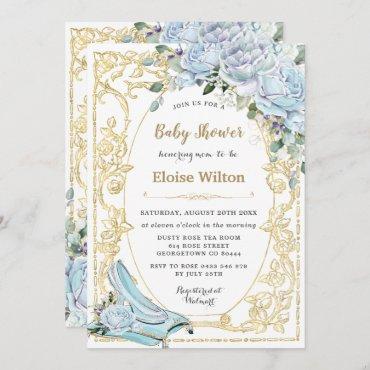 Vintage Blue Roses Gold Princess Baby Shower Invitation