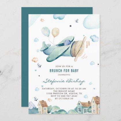 Vintage Blue Watercolor Airplane Boy Baby Shower Invitation