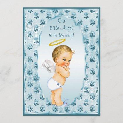 Vintage Boy Angel Blue Roses Baby Shower Invitation
