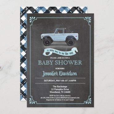 Vintage car baby boy shower inviation. Chalkboard. Invitation