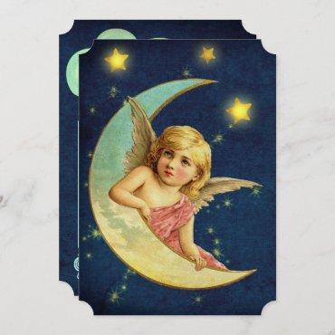 Vintage Cherub & Moon Art Deco Angel Baby Shower Invitation