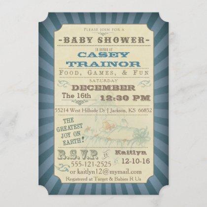 Vintage Circus Ticket Baby Boy Shower Invitation