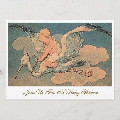 Vintage Flying Stork Elegant Gender Baby Shower Invitation