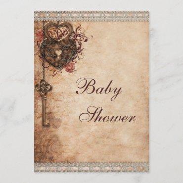 Vintage Hearts Lock and Key Neutral Baby Shower Invitation