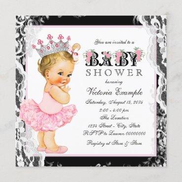 Vintage Lace Pink Black Ballerina Tutu Baby Shower Invitation