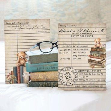 Vintage Library Card Books Bear Baby Shower Invite