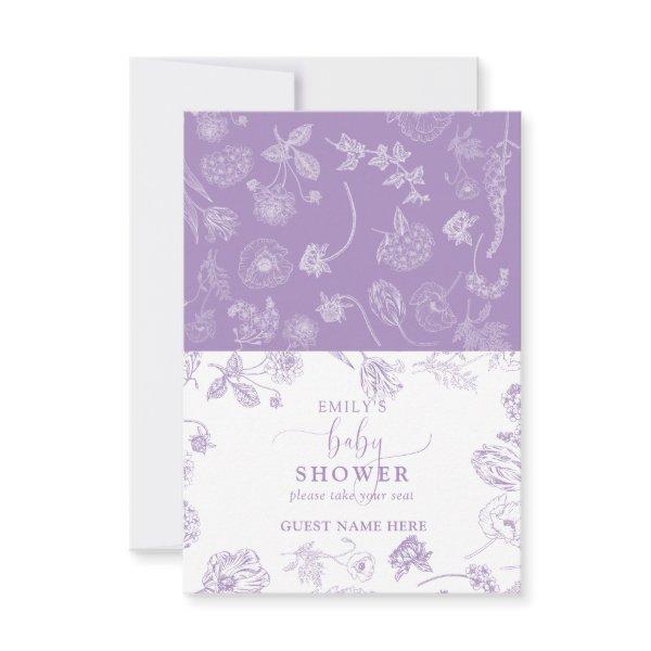 Vintage Lilac Floral Script Baby Shower Place Card