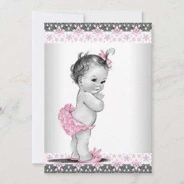 Vintage Pink and Gray Baby Girl Shower Invitation