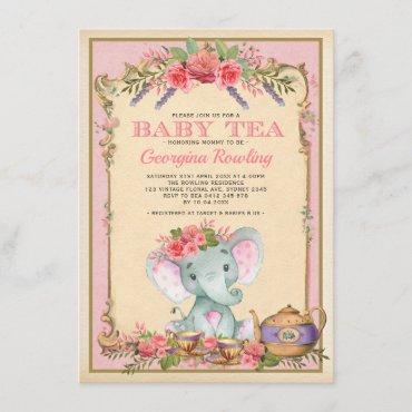Vintage Pink Floral Elephant Tea Party