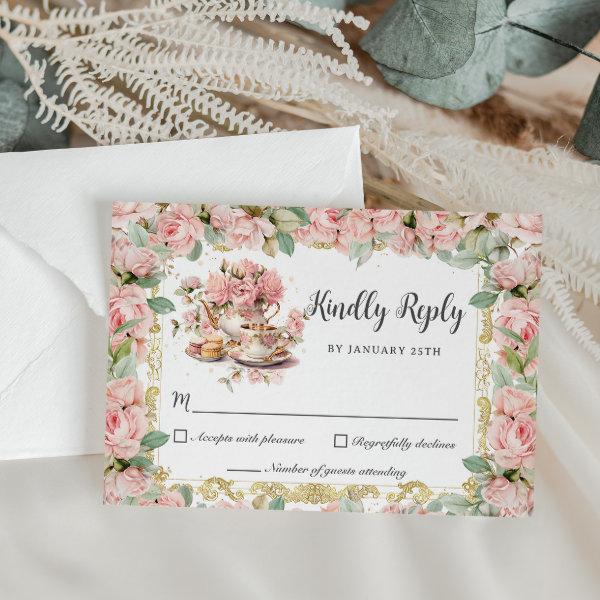 Vintage Pink Floral High Tea Party Baby Bridal RSVP Card