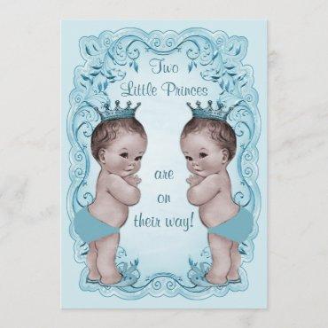 Vintage Princes Boy Twins Ornate Blue Baby Shower Invitation