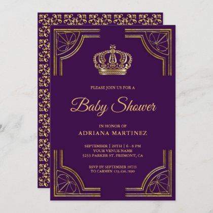Vintage Purple Gold Ornate Crown Baby Shower Invitation