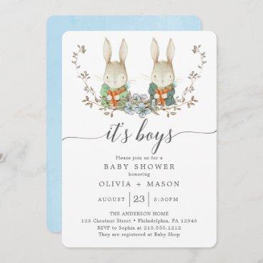 Vintage Rabbit Botanical Boy Baby Shower Blue Invitation