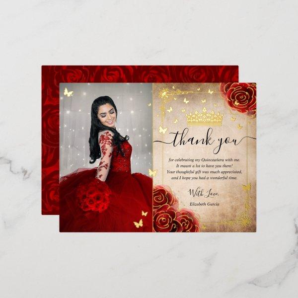 Vintage Red Rose Parchment Thank You Real Foil  Postcard