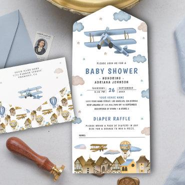 Vintage Retro Blue Airplane Baby Shower All In One