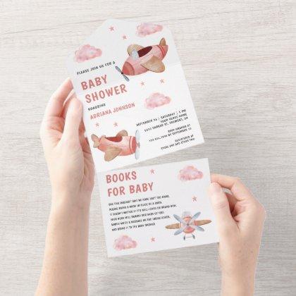 Vintage Retro Cute Pink Airplanes Baby Shower All In One Invitation
