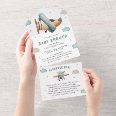 Vintage Retro Green Airplane Pilot Baby Shower All In One Invitation