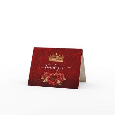 Vintage Rustic Red Roses Gold Crown Folded Thank You Card