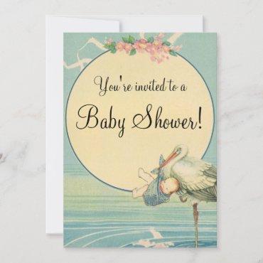 Vintage Stork Blue Blanket Baby Shower Invitation