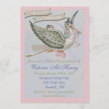 Vintage Storybook Stork Baby Shower Invitations