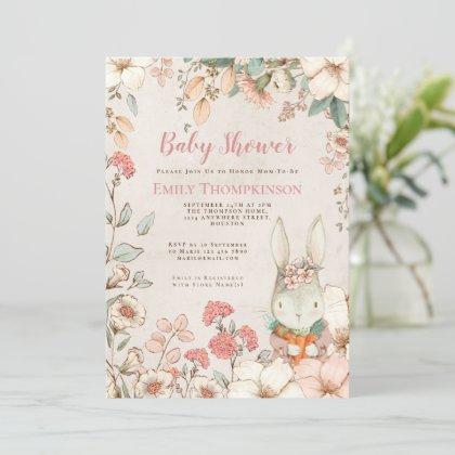 Vintage Style Cute Bunny Florals Cream Baby Shower Invitation