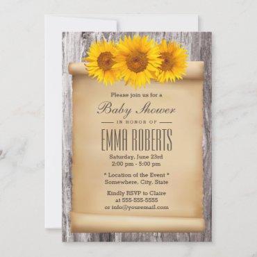 Vintage Sunflowers Old Scroll Wood Baby Shower Invitation