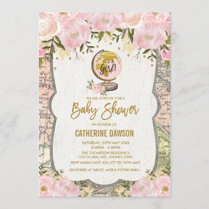 Vintage Travel Baby Girl Shower Invitation Floral