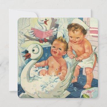 Vintage Twin Boys Playing Bubble Bath, Baby Shower Invitation