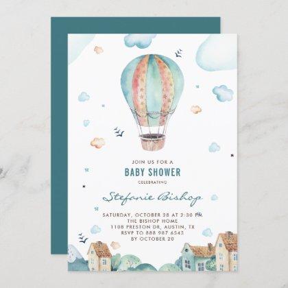 Vintage Watercolor Hot Air Balloon Boy Baby Shower Invitation