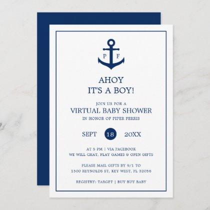 Virtual Baby Shower Boy Nautical Anchor Monogram Invitation