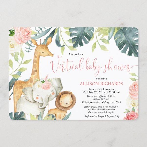 Virtual Baby Shower girl pink floral safari animal