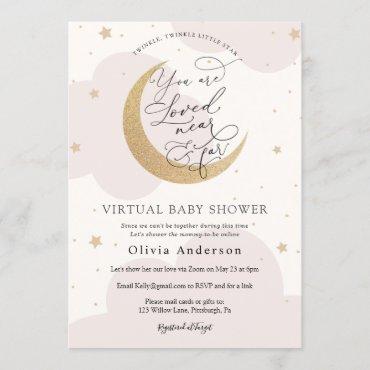 Virtual Baby Shower Pink Twinkle Star and Moon Invitation
