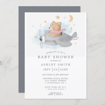 Watercolor Airplane Bear Cute Boys Baby Shower Invitation