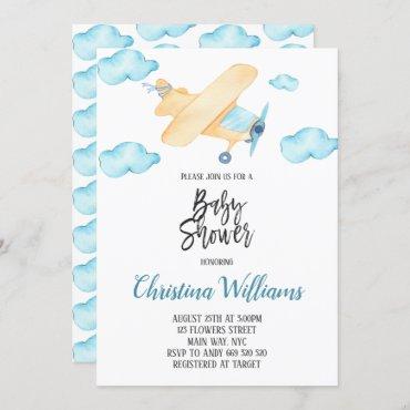 Watercolor Airplane Boy Baby Shower Blue