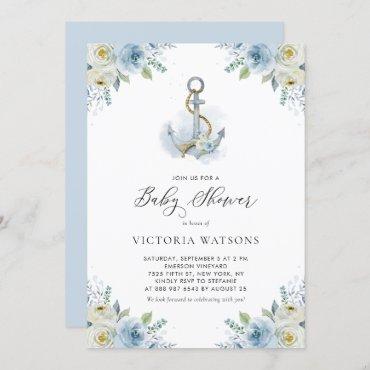 Watercolor Anchor and Blue Flowers Boy Baby Shower Invitation