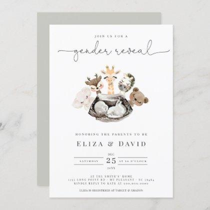 Watercolor Animals Faux Modern Gold Gender Reveal