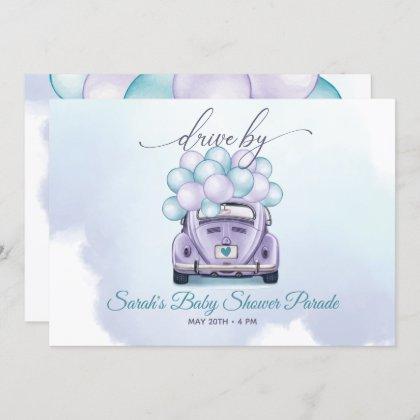 Watercolor Aqua Lilac Surprise DriveBy Baby Shower Invitation