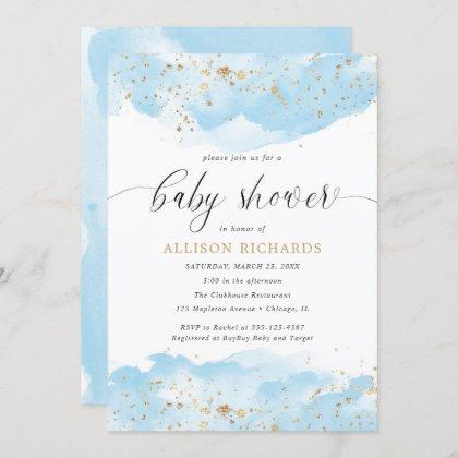Watercolor baby blue white gold boy baby shower invitation