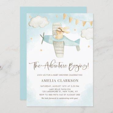 Watercolor Baby Bunny Airplane Blue Baby Shower Invitation