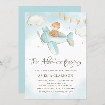 Watercolor Baby Fox Airplane Blue Baby Shower Invitation